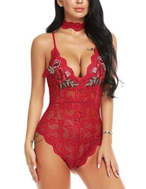 ADOME Women Lingerie Bodysuit Embroidered Lace Teddy One Piece Babydoll with Choker 0 0