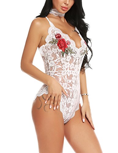 ADOME Women Lingerie Bodysuit Embroidered Lace Teddy with Choker One Piece Babydoll 