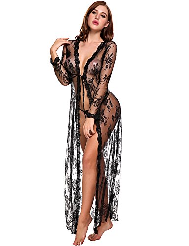 Lingerie for women sexy long lace dress sheer gown see through kimono robe 0