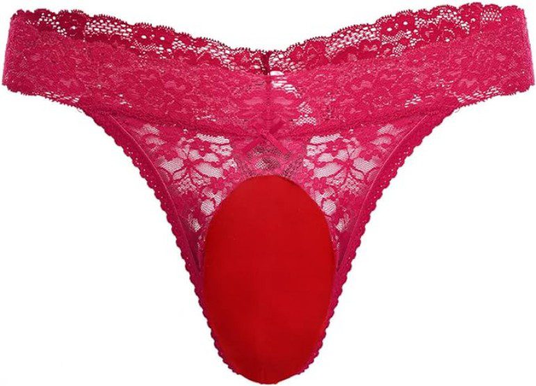 IBAKOM Men's Red Frilly Lace Thong Pouch Panties