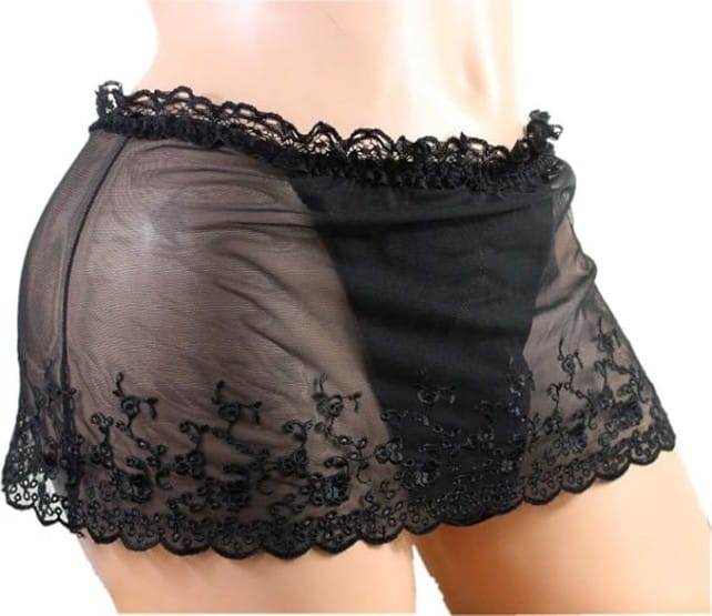 Aishani Men's Black Mesh Skirt Lace Trim Sissy Thong Panties